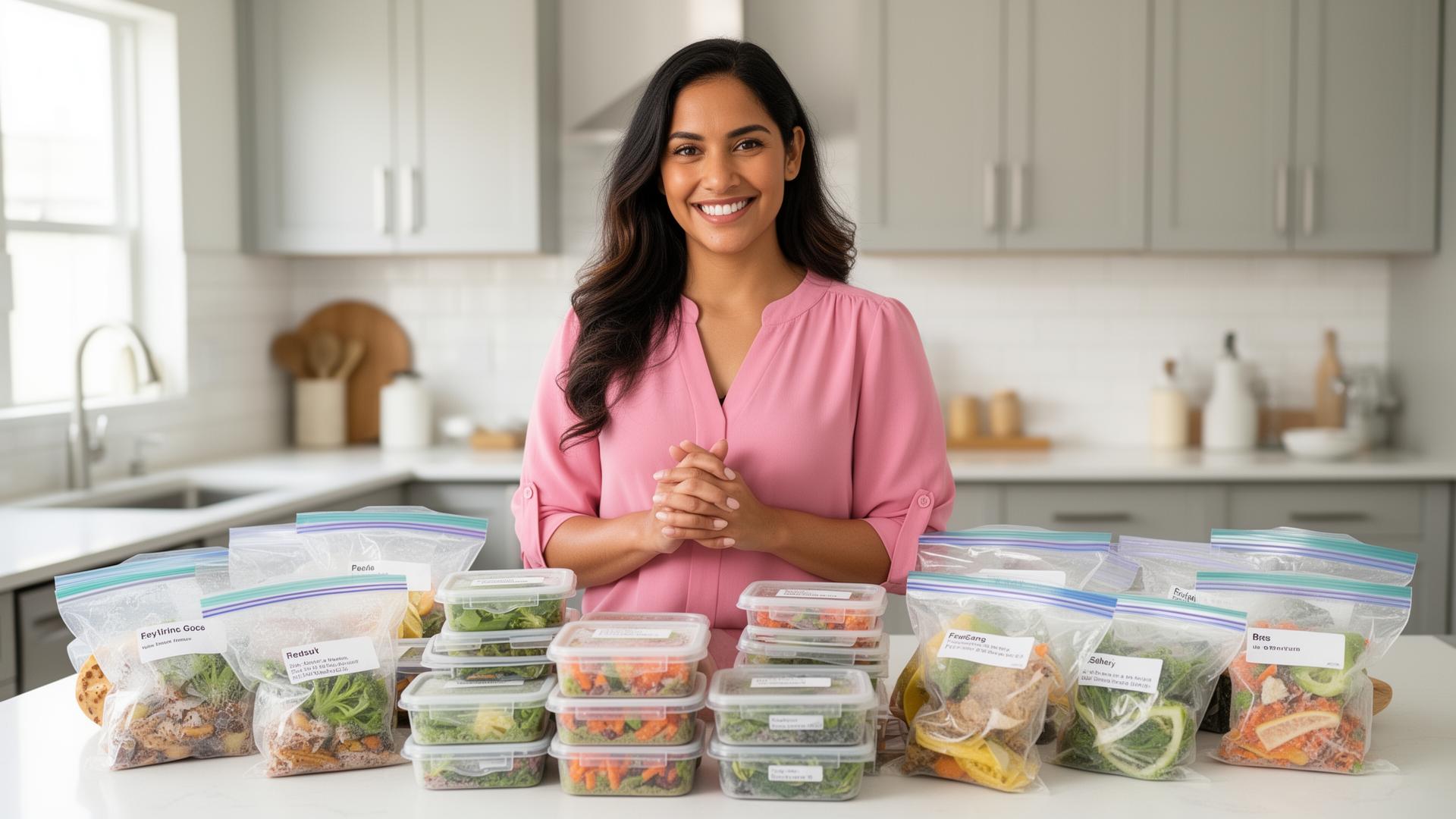Nutricionista sonriendo junto a comidas congeladas y porcionadas